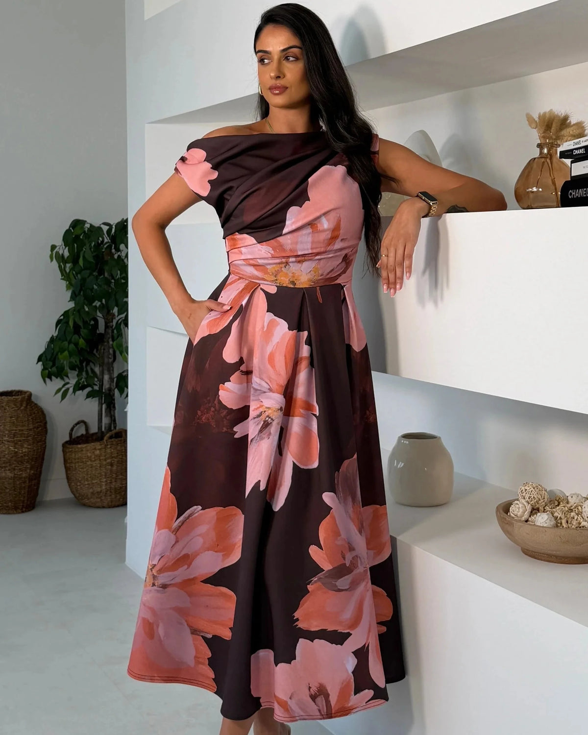 Betty Asymmetric Neckline Large Floral Skater Midi Dress Plum