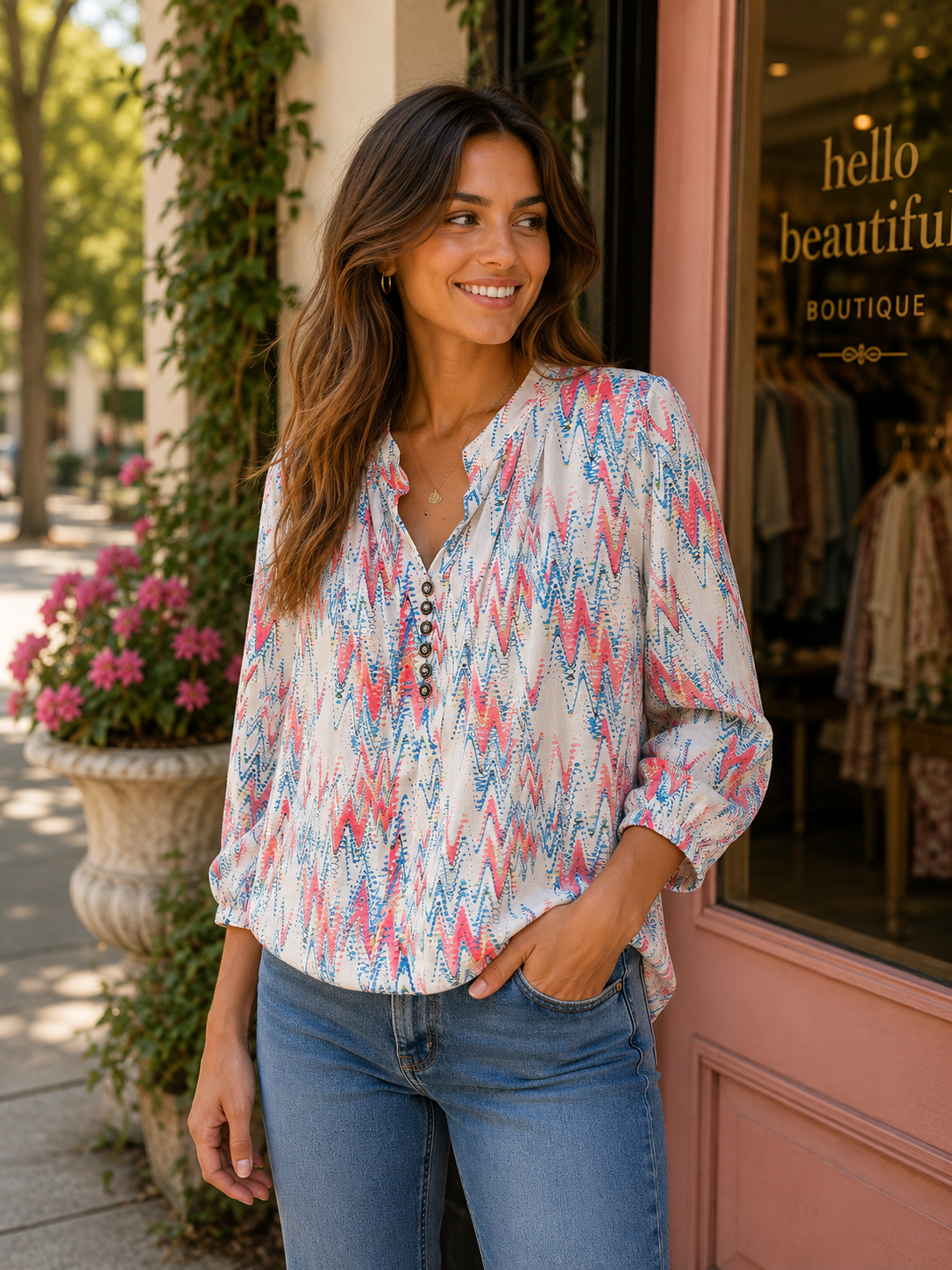 YEW 3902 Grandad Collar White Blue Mix Top