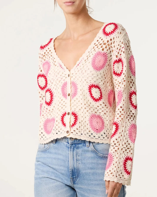 Colourful Heart Crochet Cardigan Pink