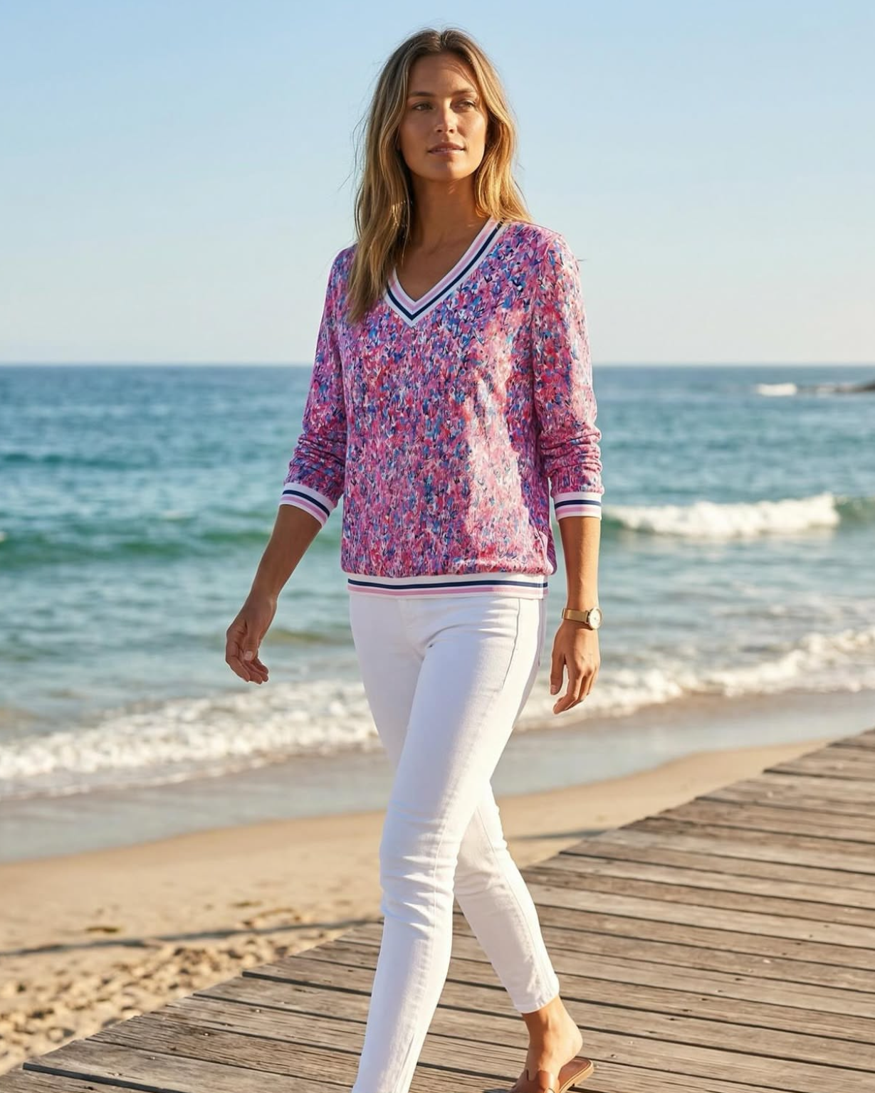 YEW 3825 Pink Mix V Neck Top