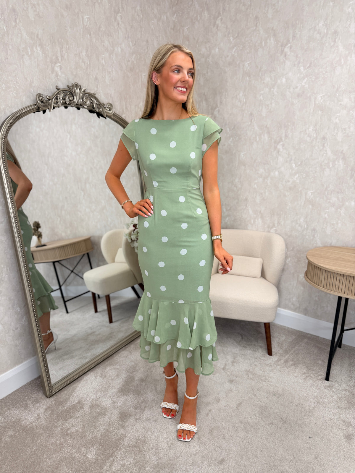 Roxy Boat Neck Frill Midi Sage Dress