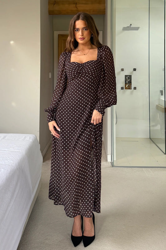 Olive Brown Polka Dot Sweetheart Long Sleeve Midi Dress