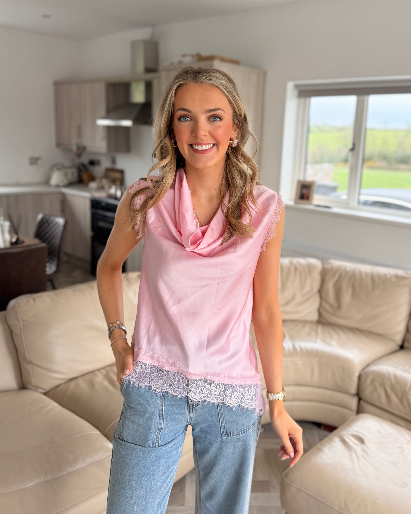 Lace Trim Top Pink