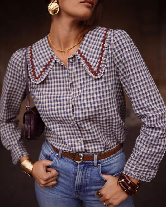 Vintage charm gingham check blouse