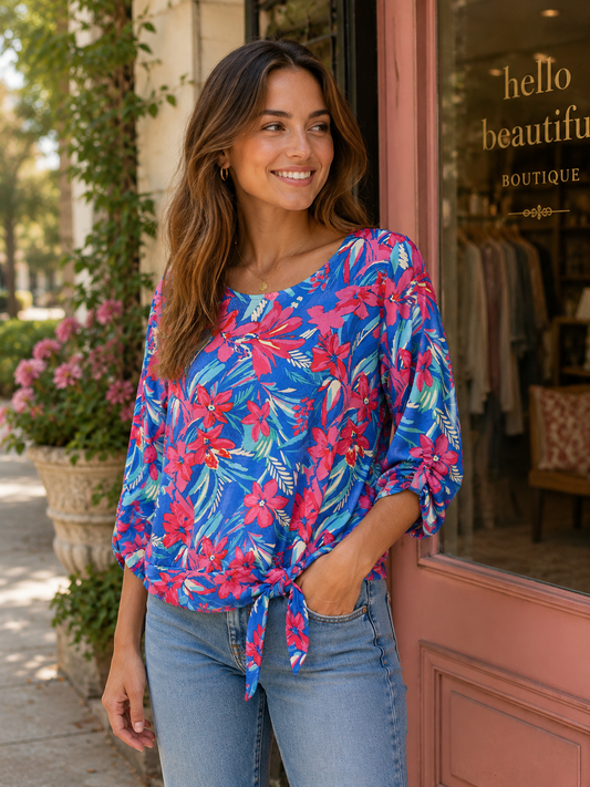 YEW 3318 Pink Blue Round Neck Top