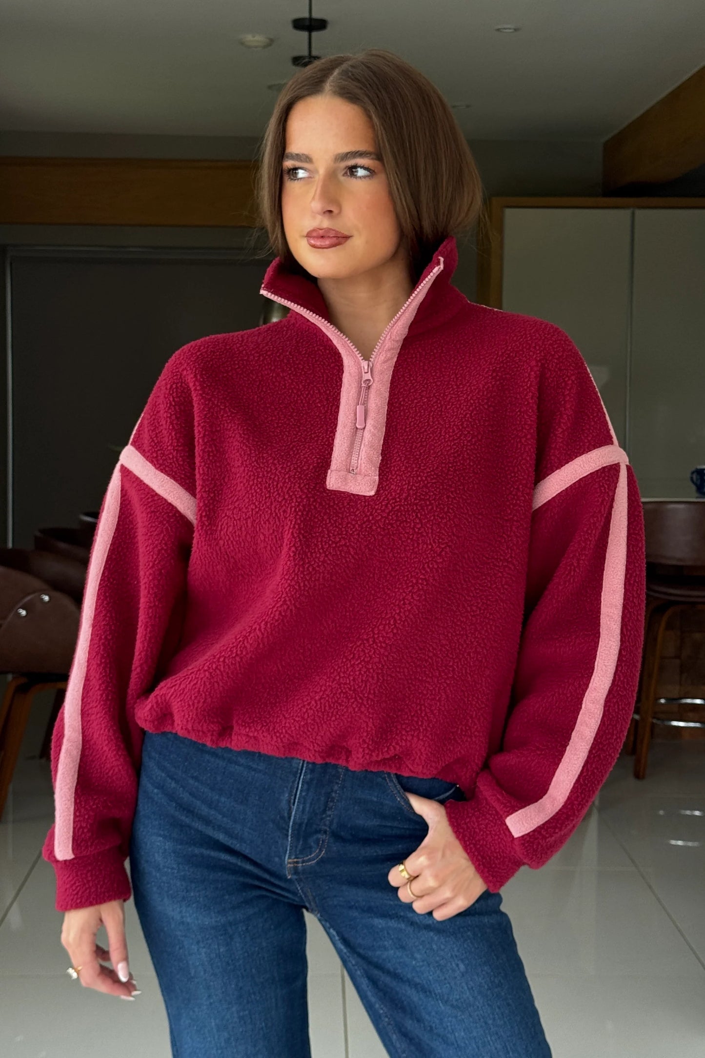 Lulu Contrast Binding 1/4 Zip Fleece Berry