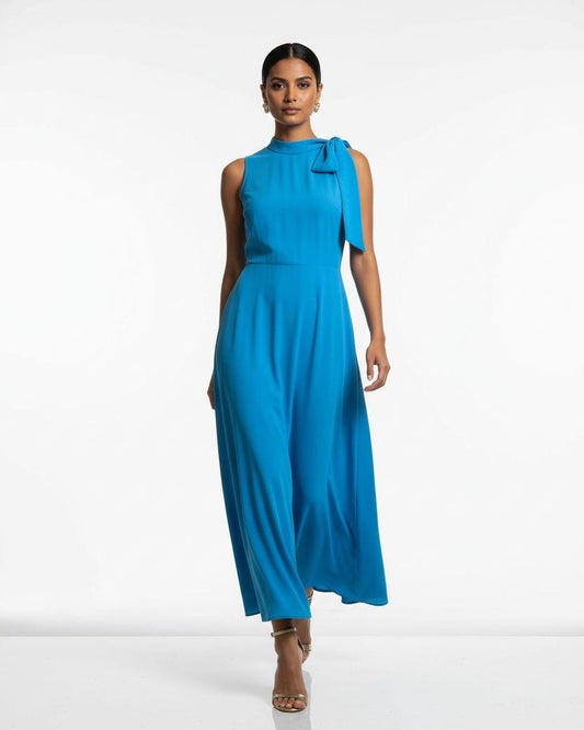 Blue Neck Tie Midi Dress