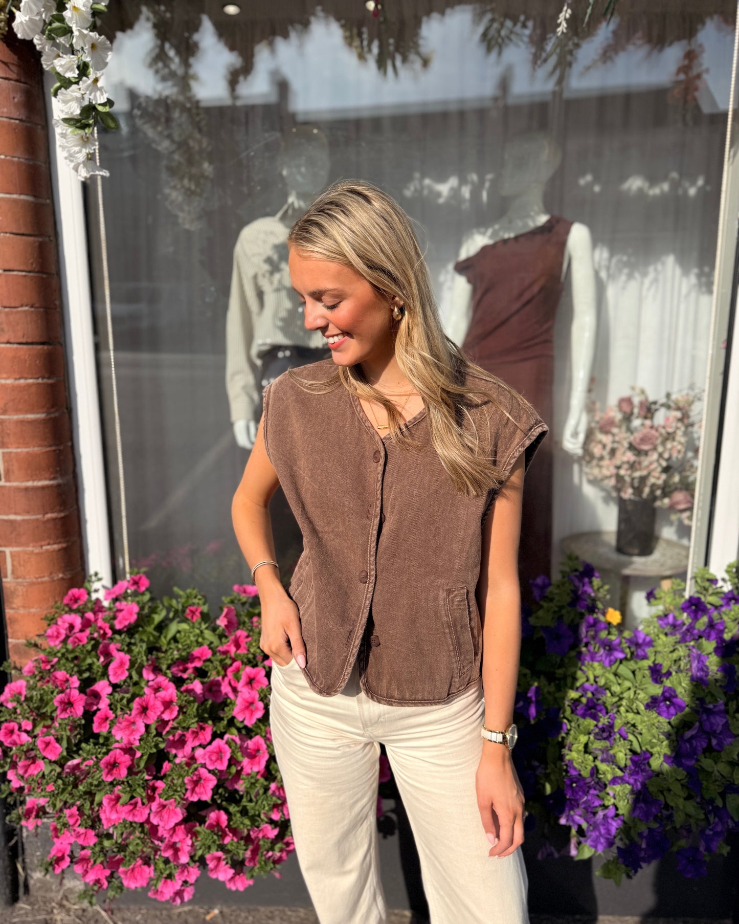 Soft Denim Sleeveless Waistcoat Brown
