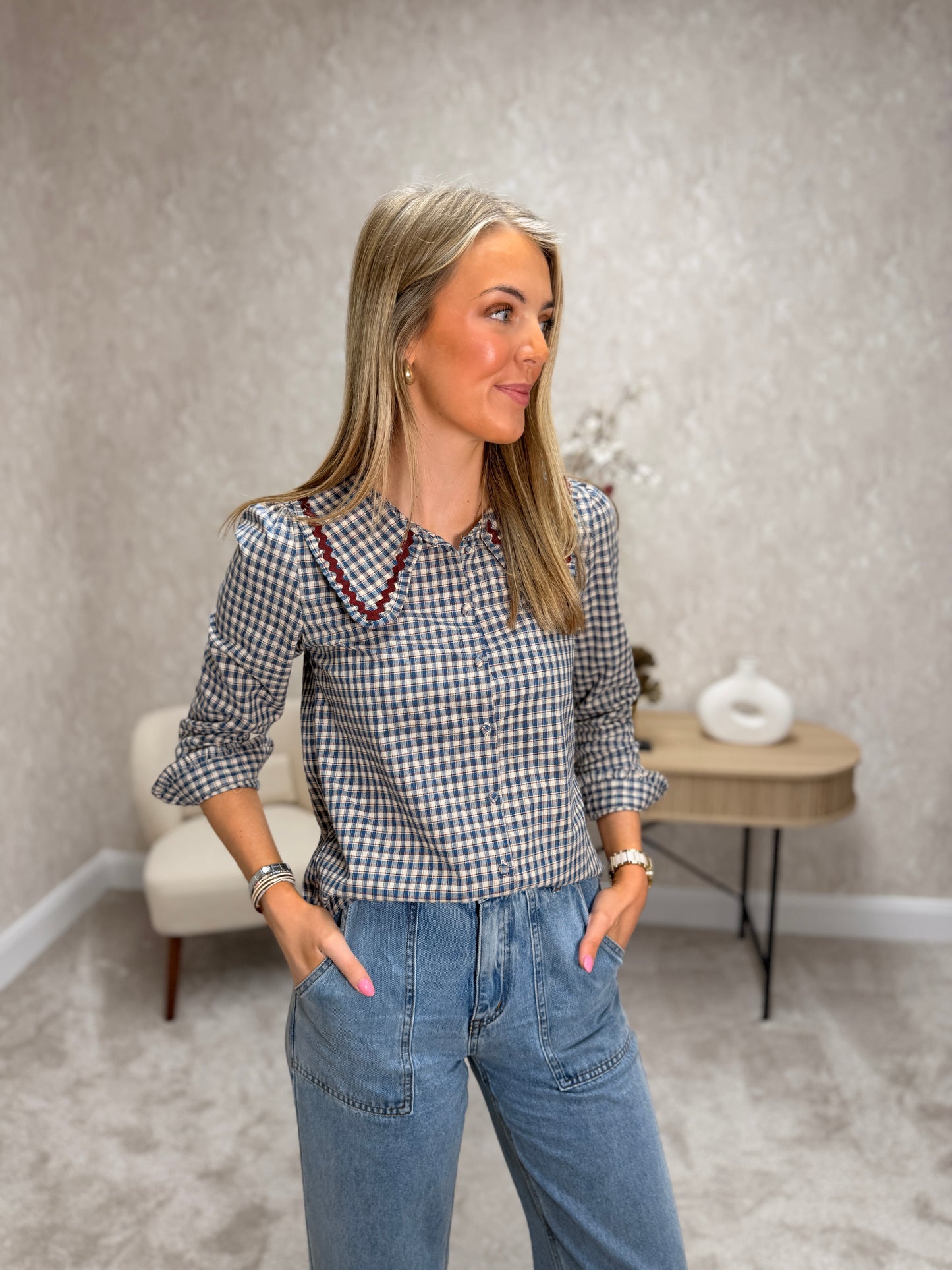 Vintage charm gingham check blouse