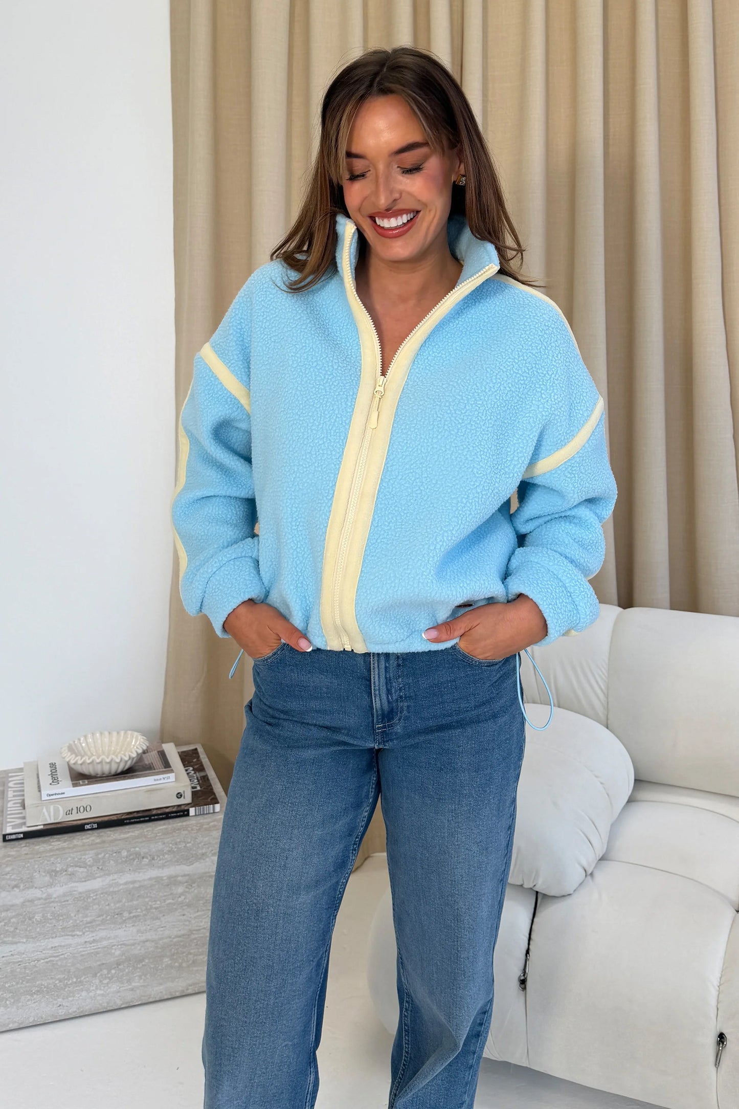 Lulu Contrast Binding Full Zip Fleece Sky Blue
