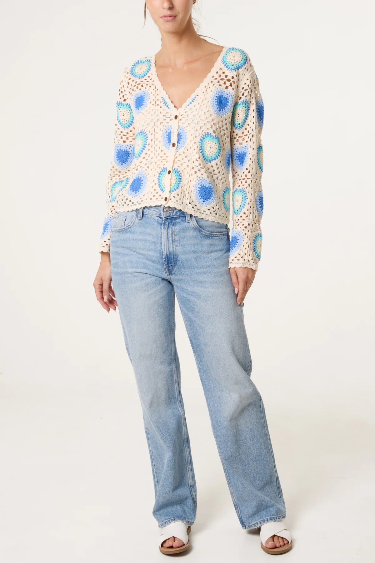 Colourful Heart Crochet Cardigan Blue