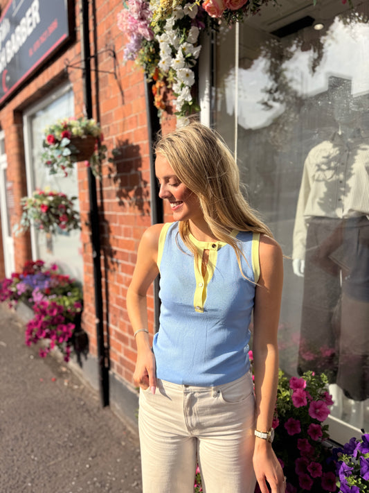 Contrast Button Vest Blue/Yellow