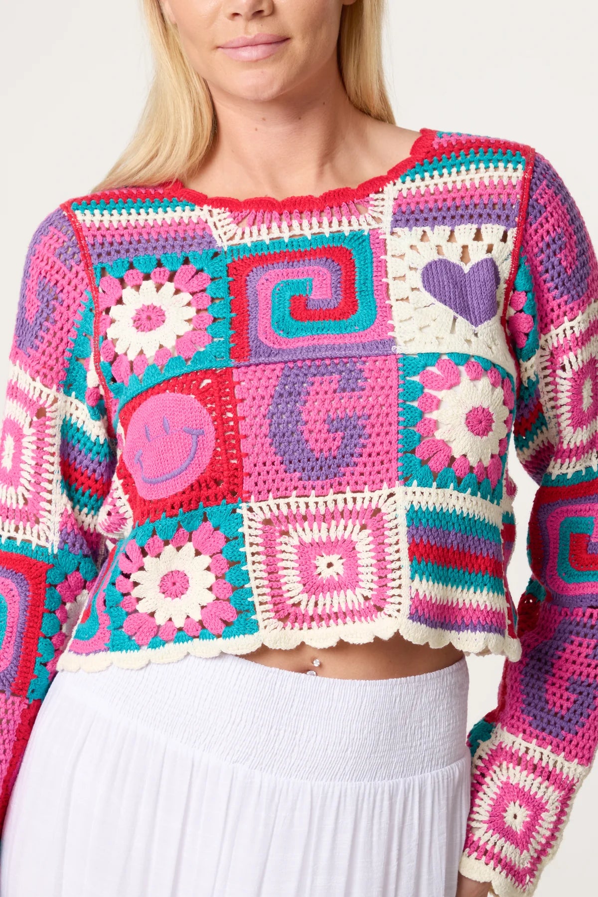 Retro Patchwork Crochet Cropped Top
