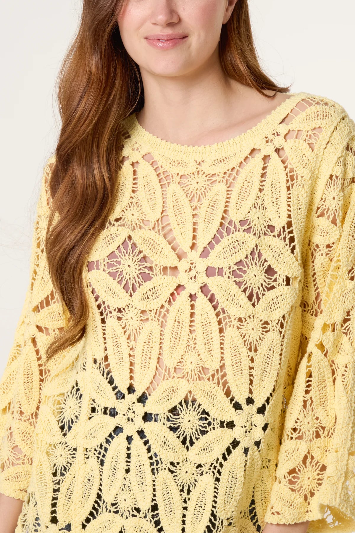 Flower Crochet Long Sleeve Top Lemon