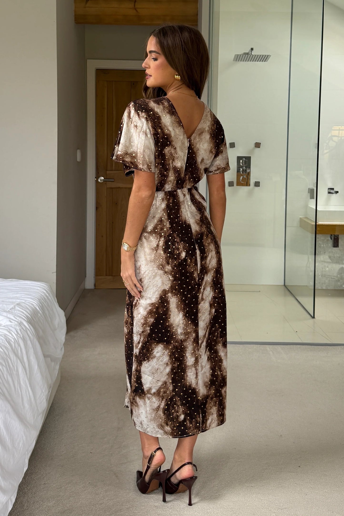 Priscilla Wrap Over Ruched Detail Midi Dress Foiled Brown Abstract
