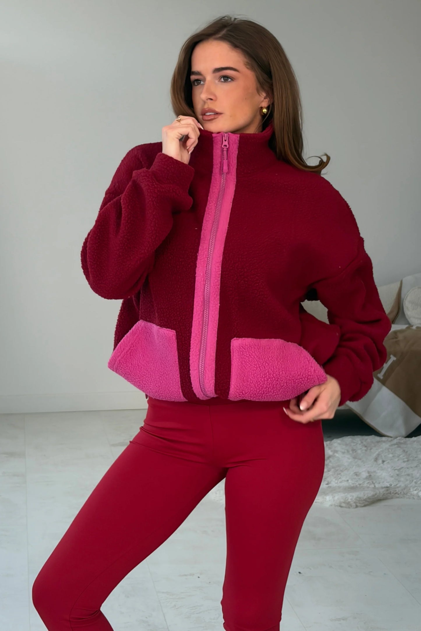 Mimi Contrast Pocket Full Zip Fleece Wine