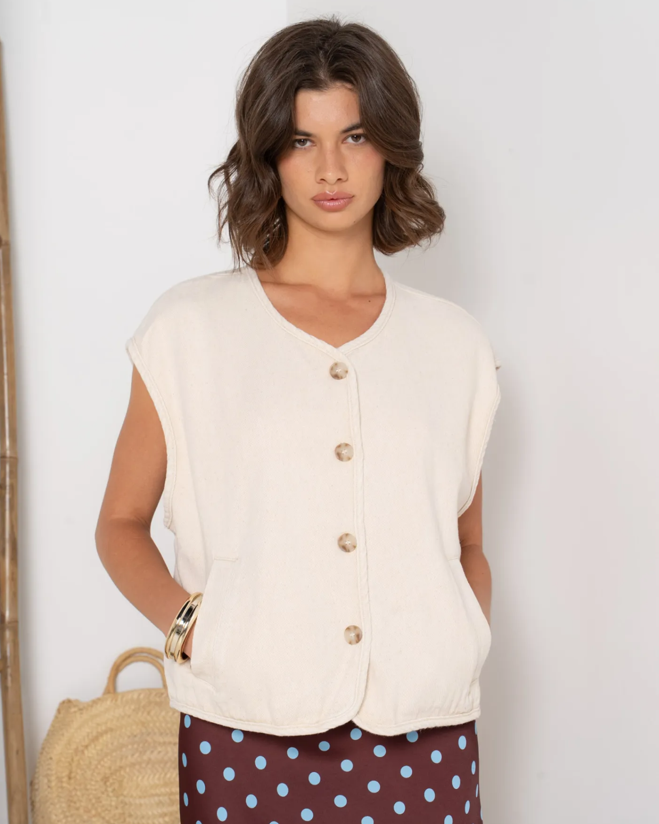 Soft Denim Sleeveless Waistcoat Beige