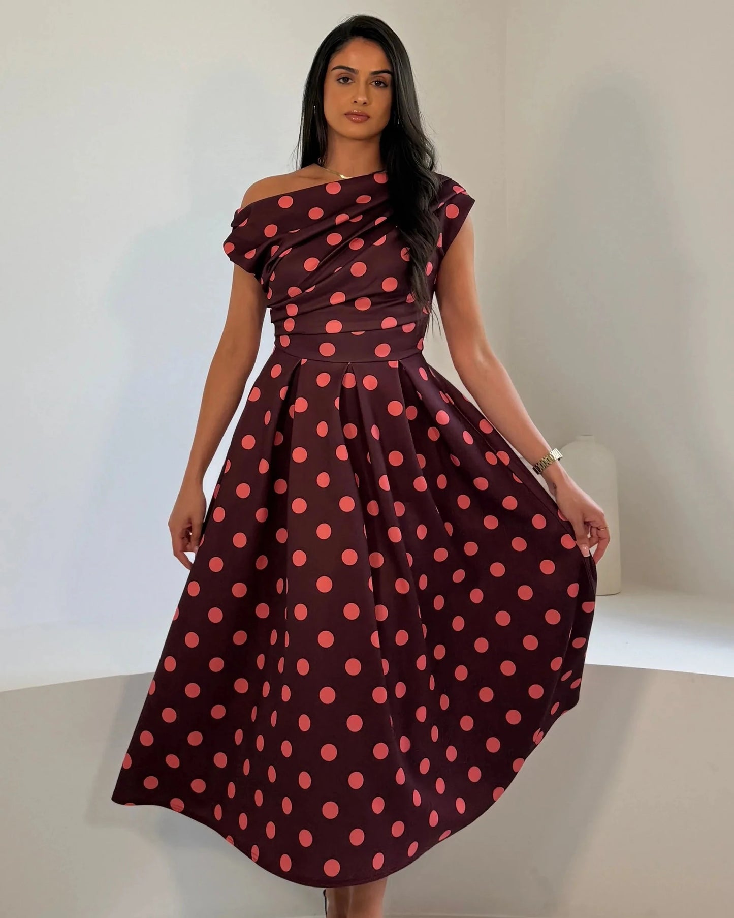 Betty Asymmetric Neckline Skater Midi Polka Dress