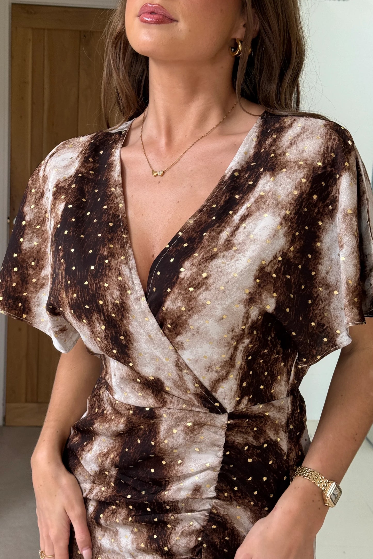Priscilla Wrap Over Ruched Detail Midi Dress Foiled Brown Abstract