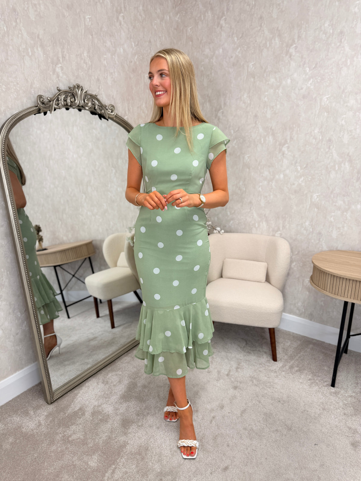 Roxy Boat Neck Frill Midi Sage Dress