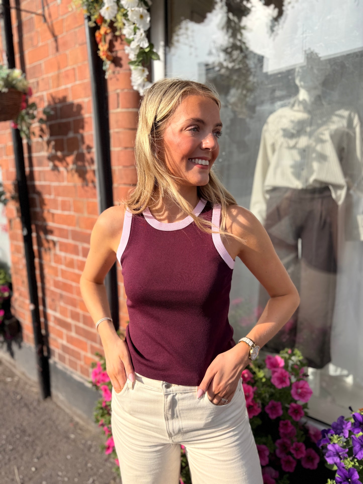 Contrast Ribbed Tank Top Burgundy