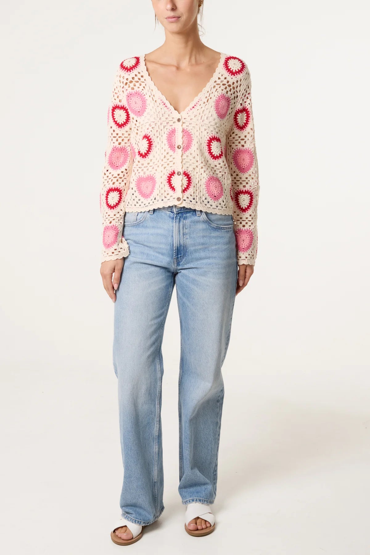 Colourful Heart Crochet Cardigan Pink