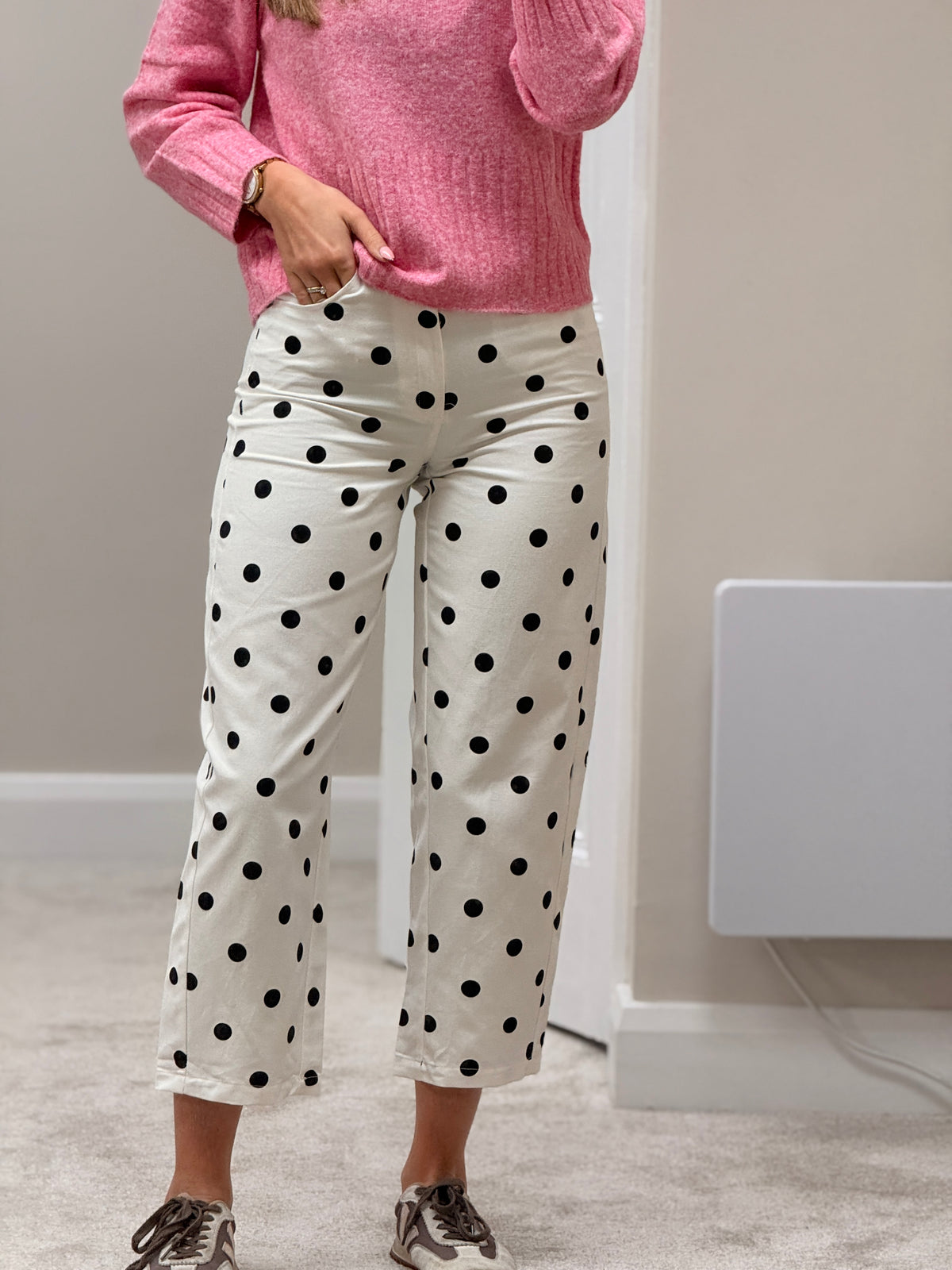 Polka Dot Barrel Jean - White/Black