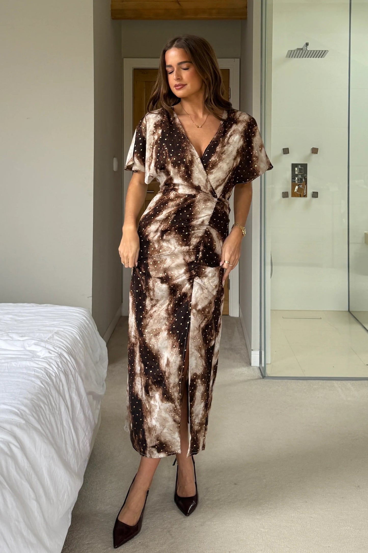Priscilla Wrap Over Ruched Detail Midi Dress Foiled Brown Abstract