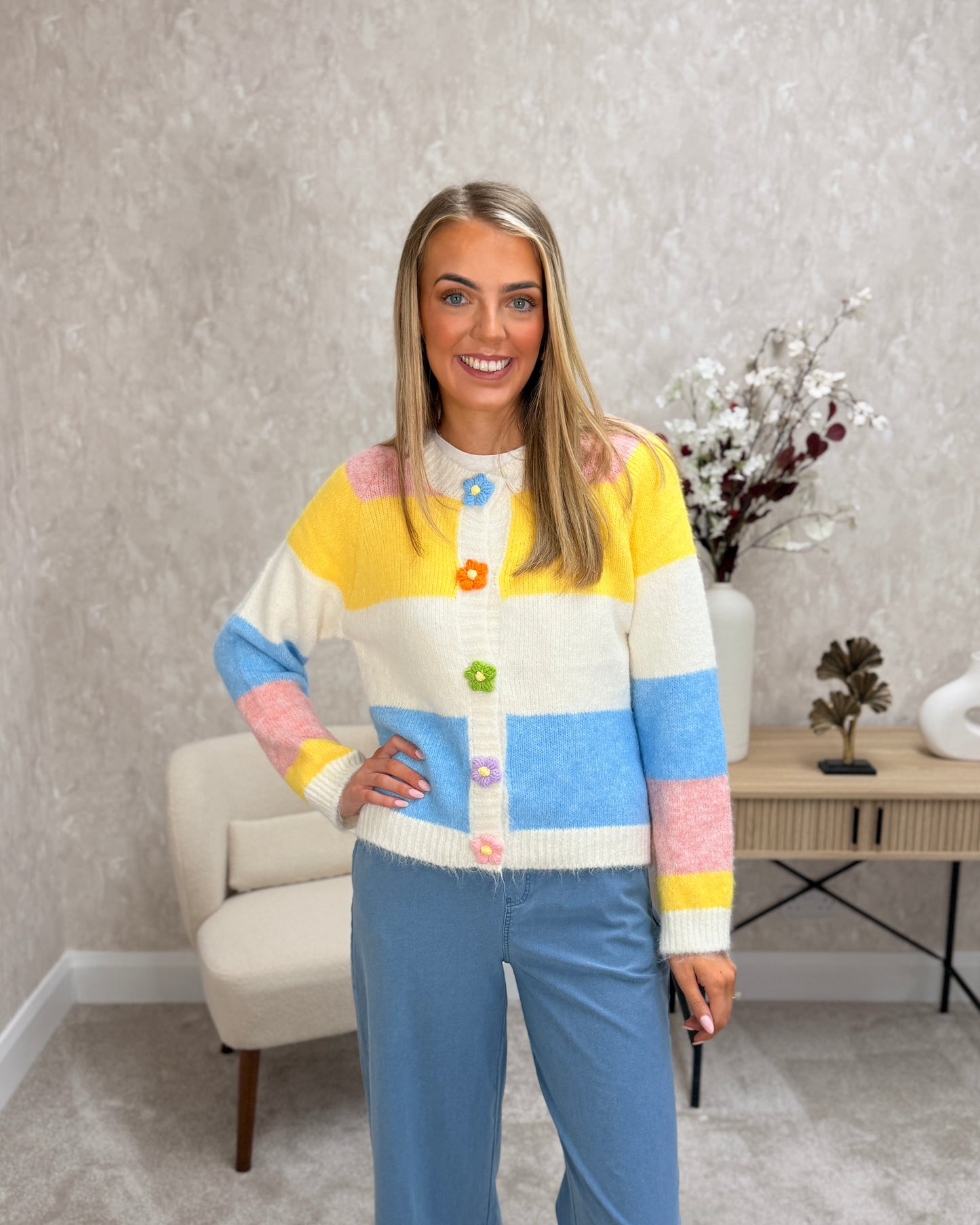 Striped Block Flower Button Knit Cardigan.