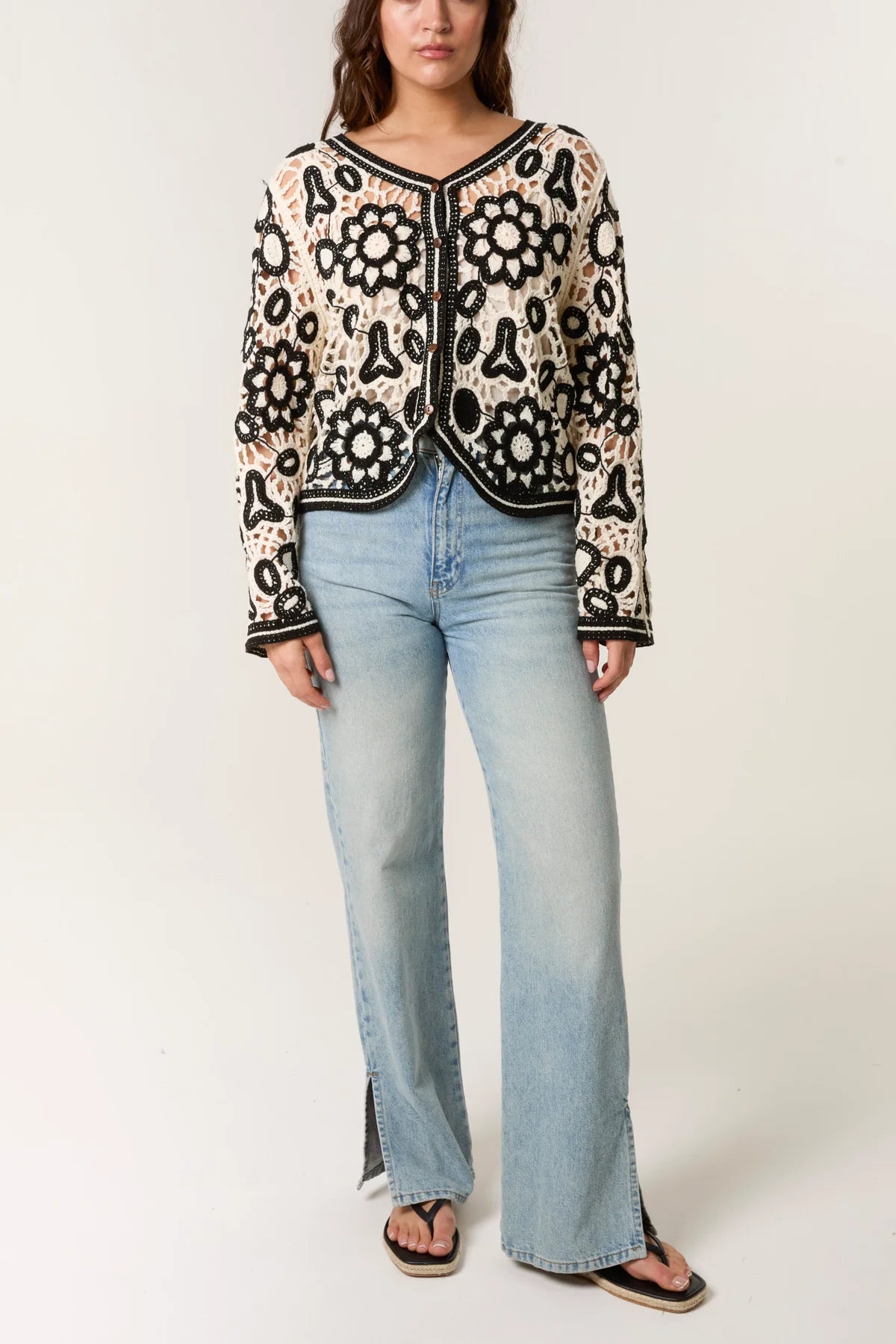 Crochet Floral Button Up Cardigan Black Cream