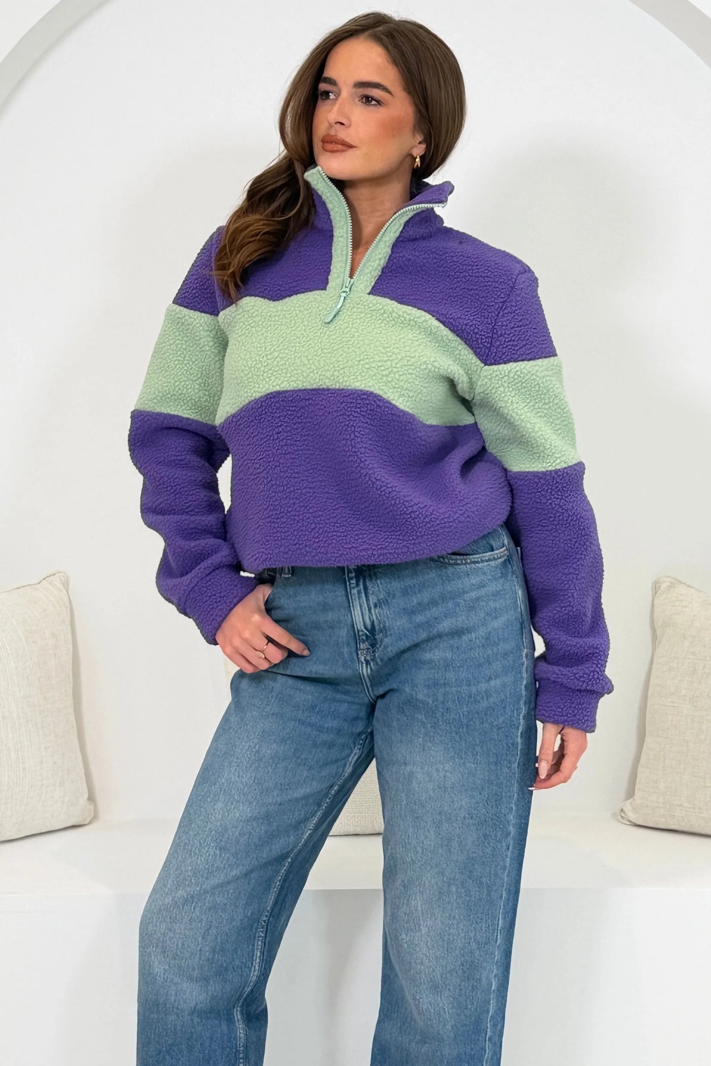 Beau 3/4 Zip Contrast Panel Fleece Purple