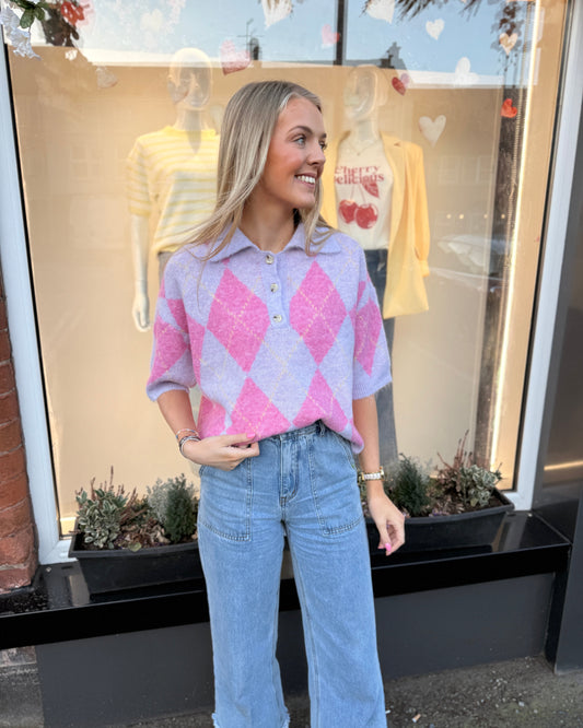 Lilac Pink Collared Argyle Knit 2049