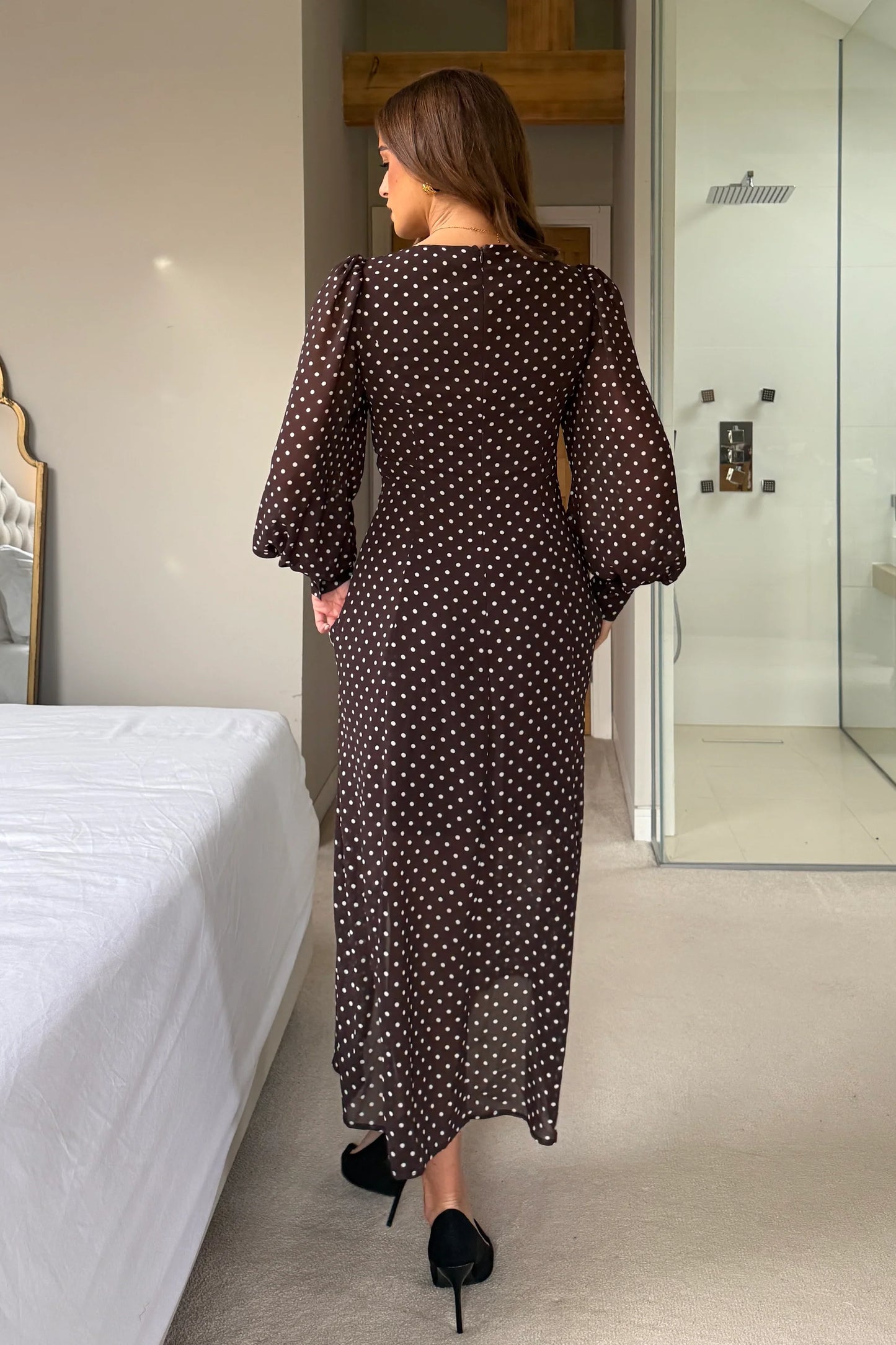 Olive Brown Polka Dot Sweetheart Long Sleeve Midi Dress
