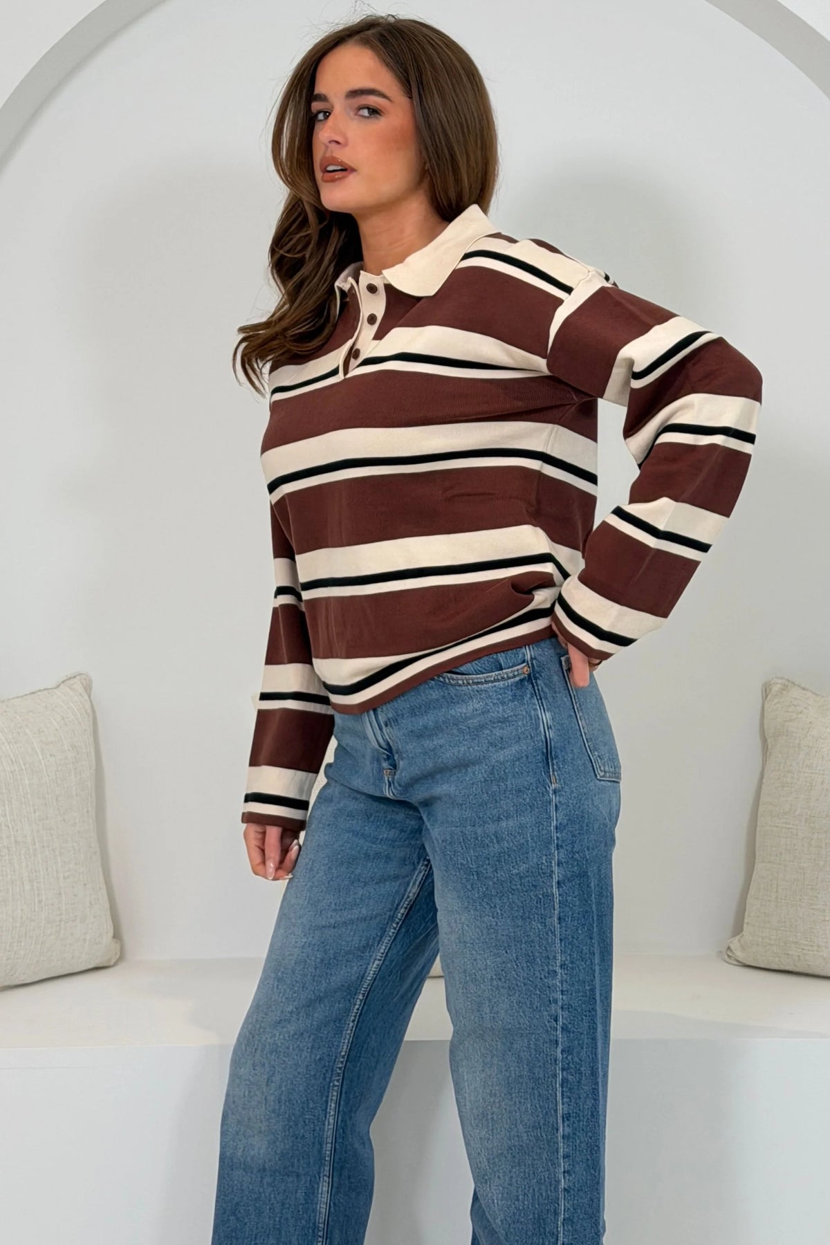 Valley Stripe Collar Detail Long Sleeve Top Brown