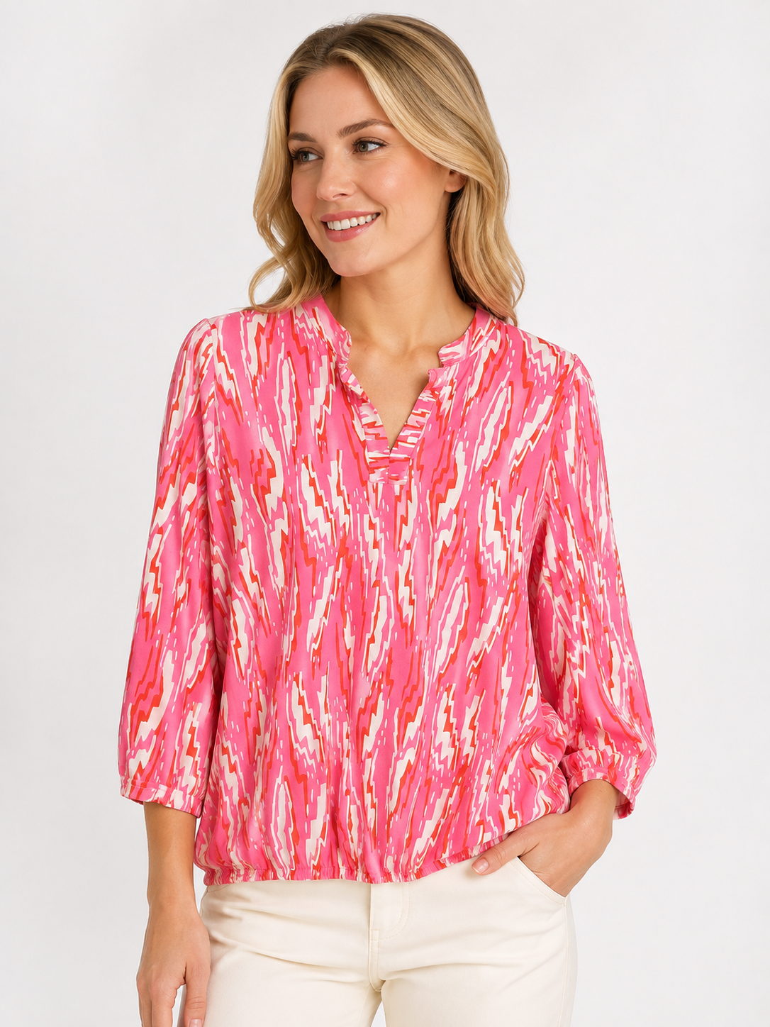 Yew 4027 Pink Red Grandad Collar Top