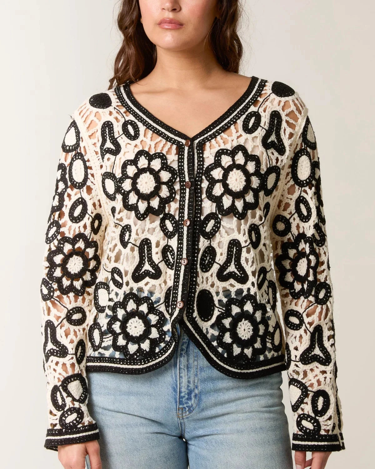Crochet Floral Button Up Cardigan Black Cream