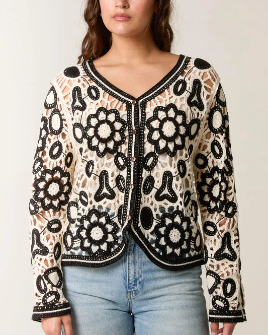 Crochet Floral Button Up Cardigan Black Cream