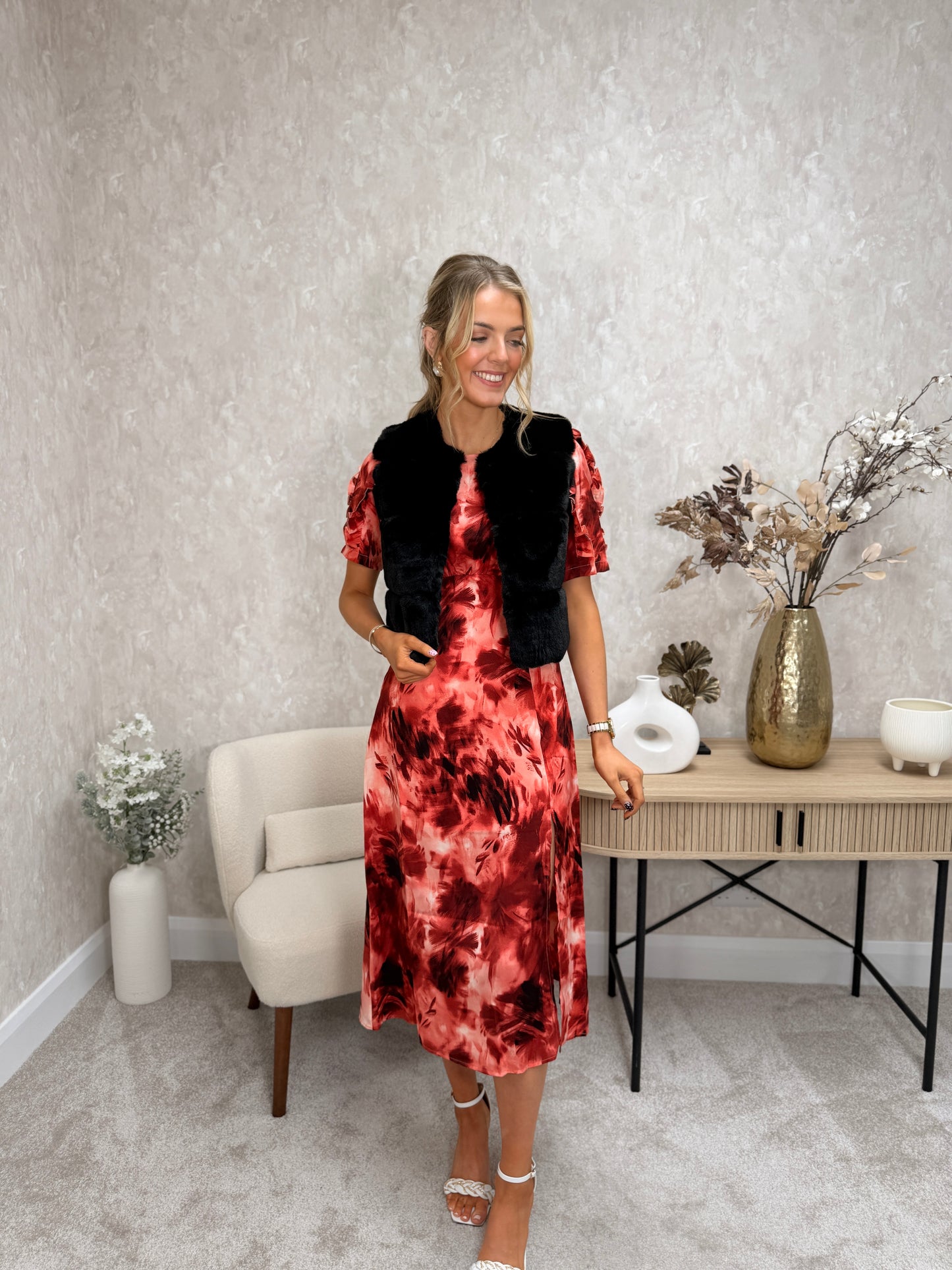 Samira Red Abstract Frill Sleeve Midi Dress