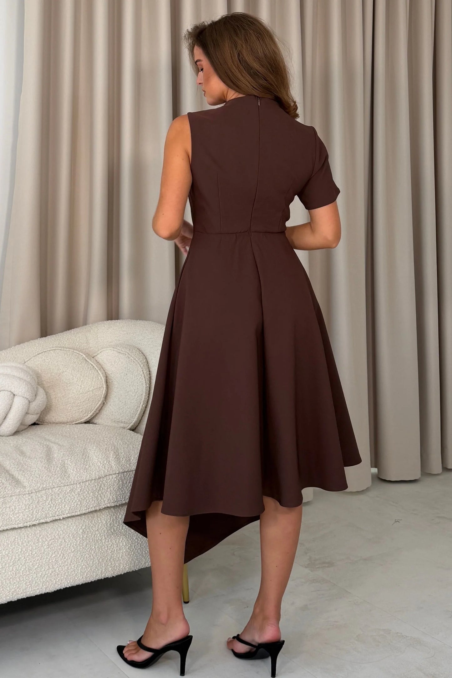 Sasha Asymmetric Sleeve Midi Dress Brown
