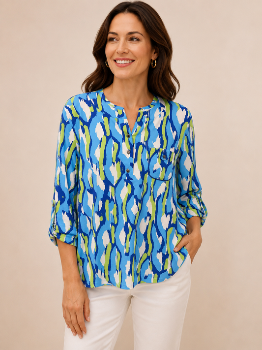 YEW 2531 Blue Green Grandad Collar Top