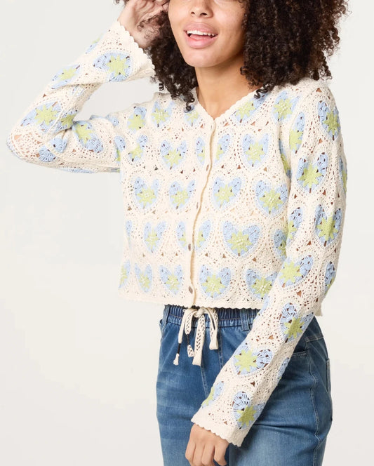 Beaded Heart Pattern Crochet Cardigan Blue