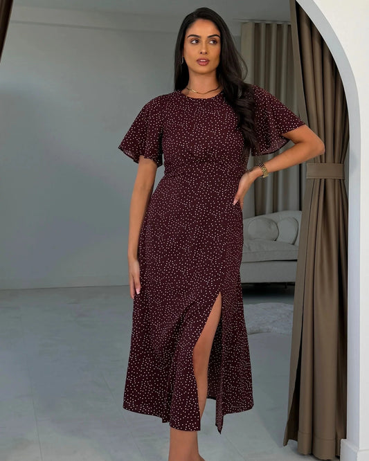 Britney Burgundy Spot Angel Sleeve Midi Dress