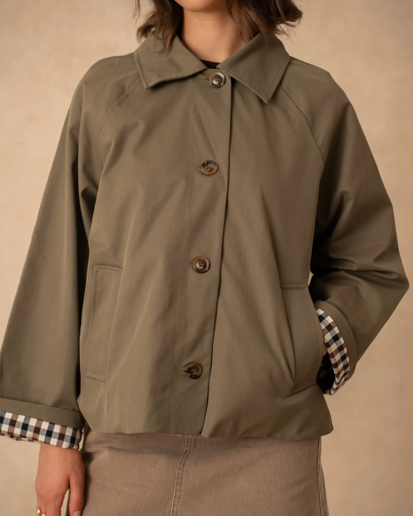 Short Trench Coat Khaki Green