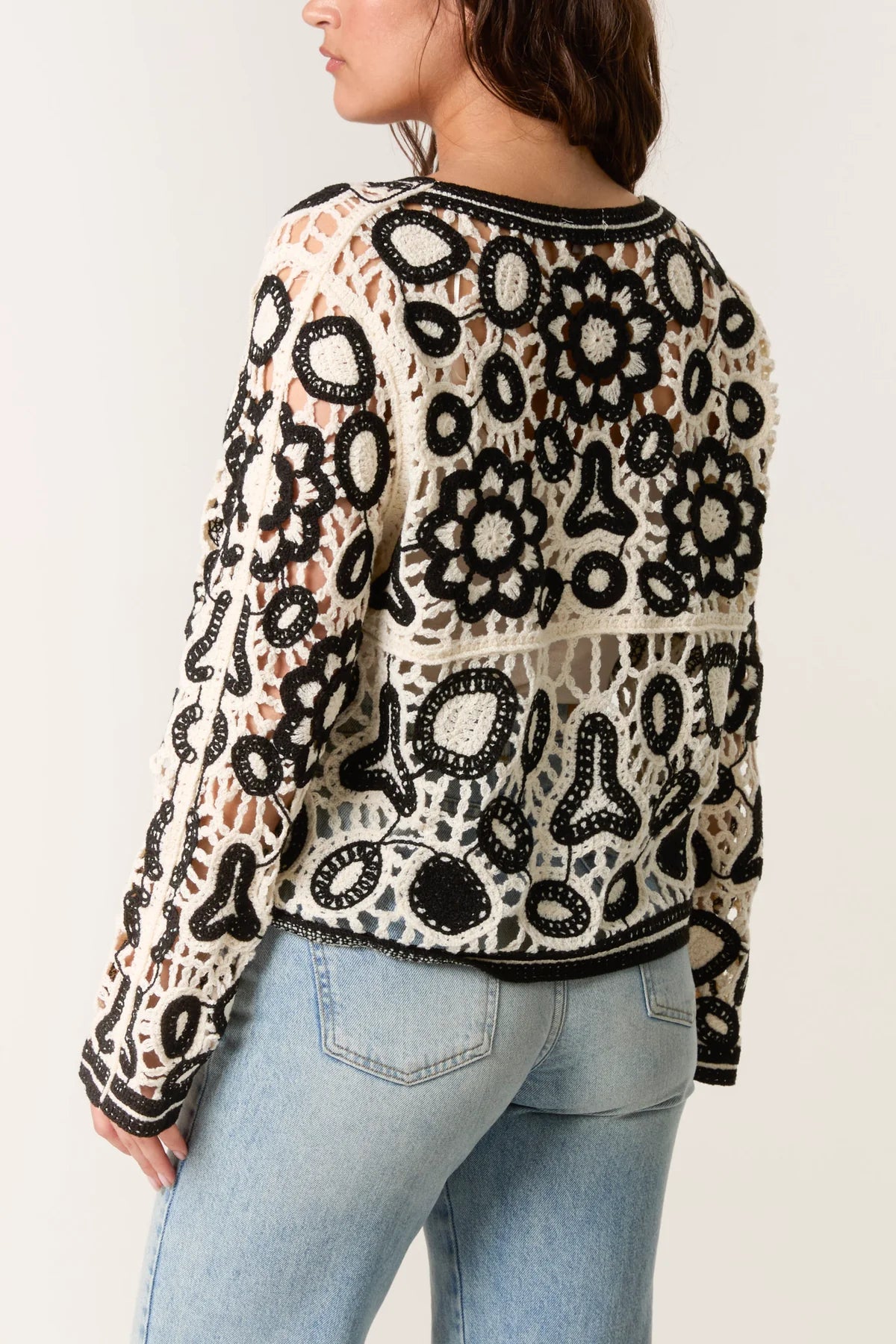 Crochet Floral Button Up Cardigan Black Cream