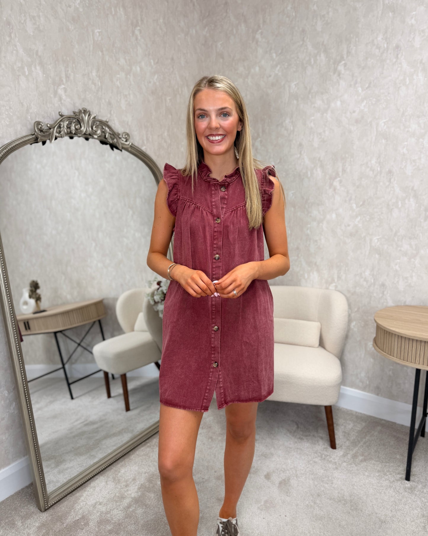 Ruffle Soft Denim Dress Maroon