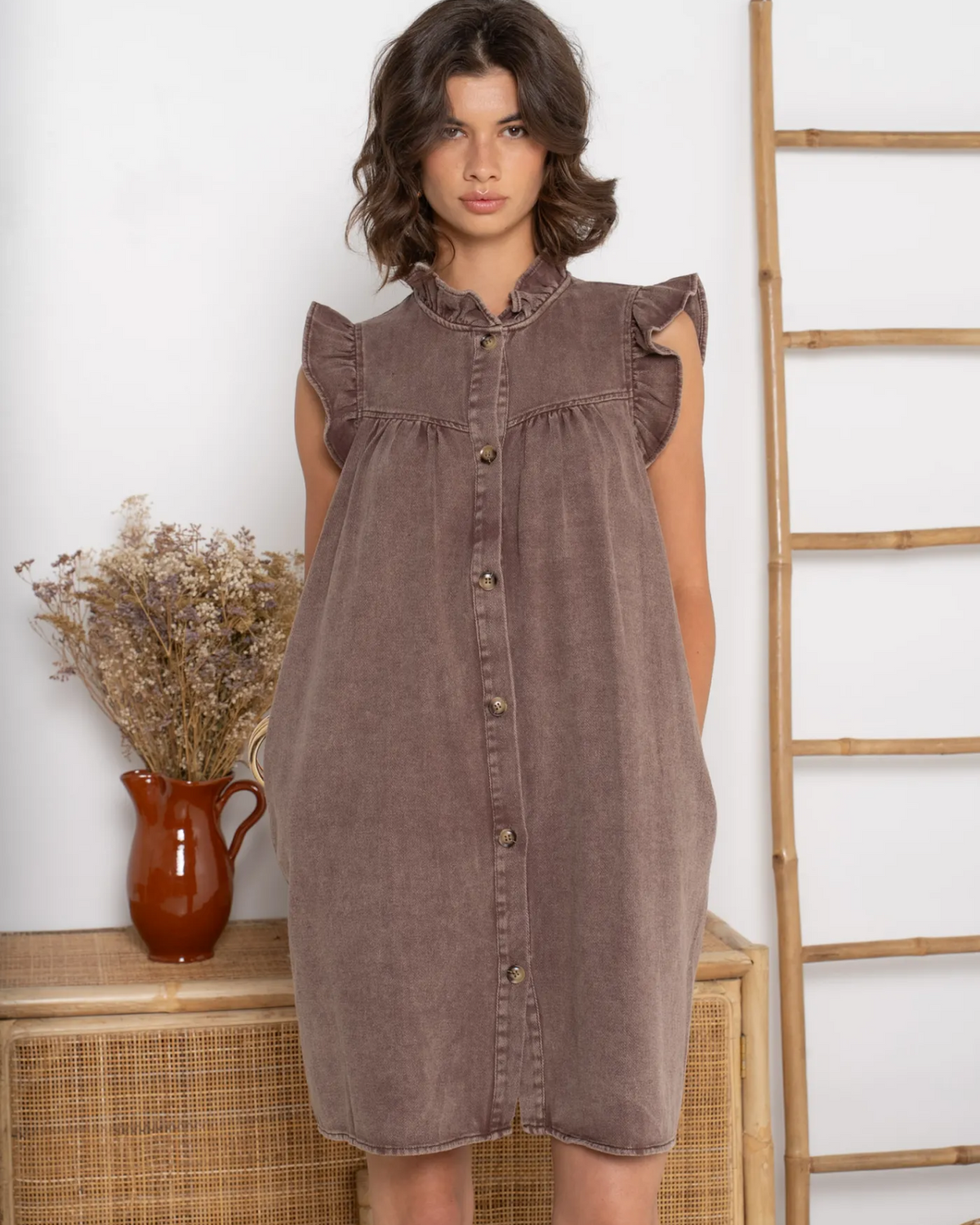 Ruffle Soft Denim Dress Brown