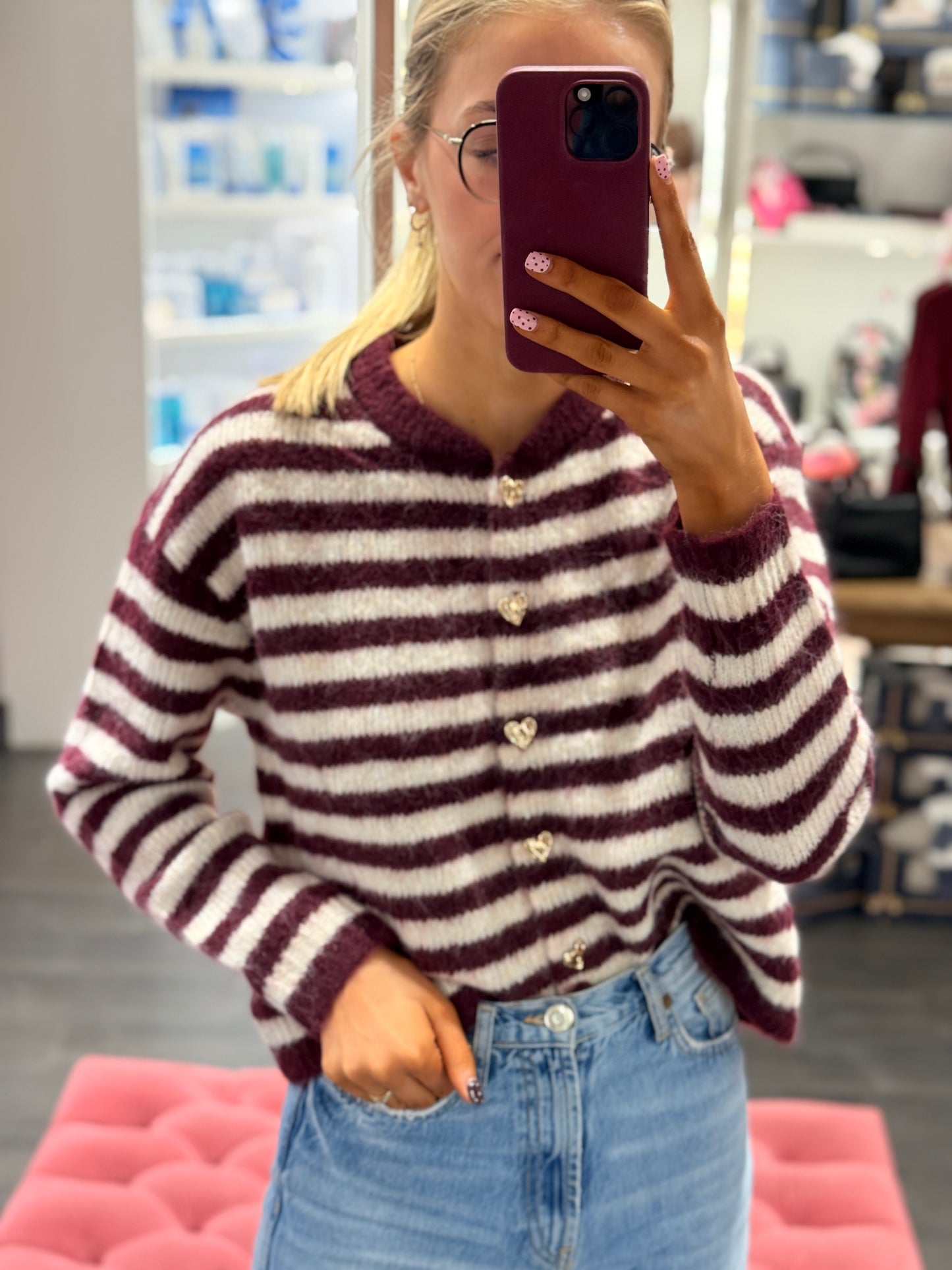 Purple Stripe Cardi Gold Buttons