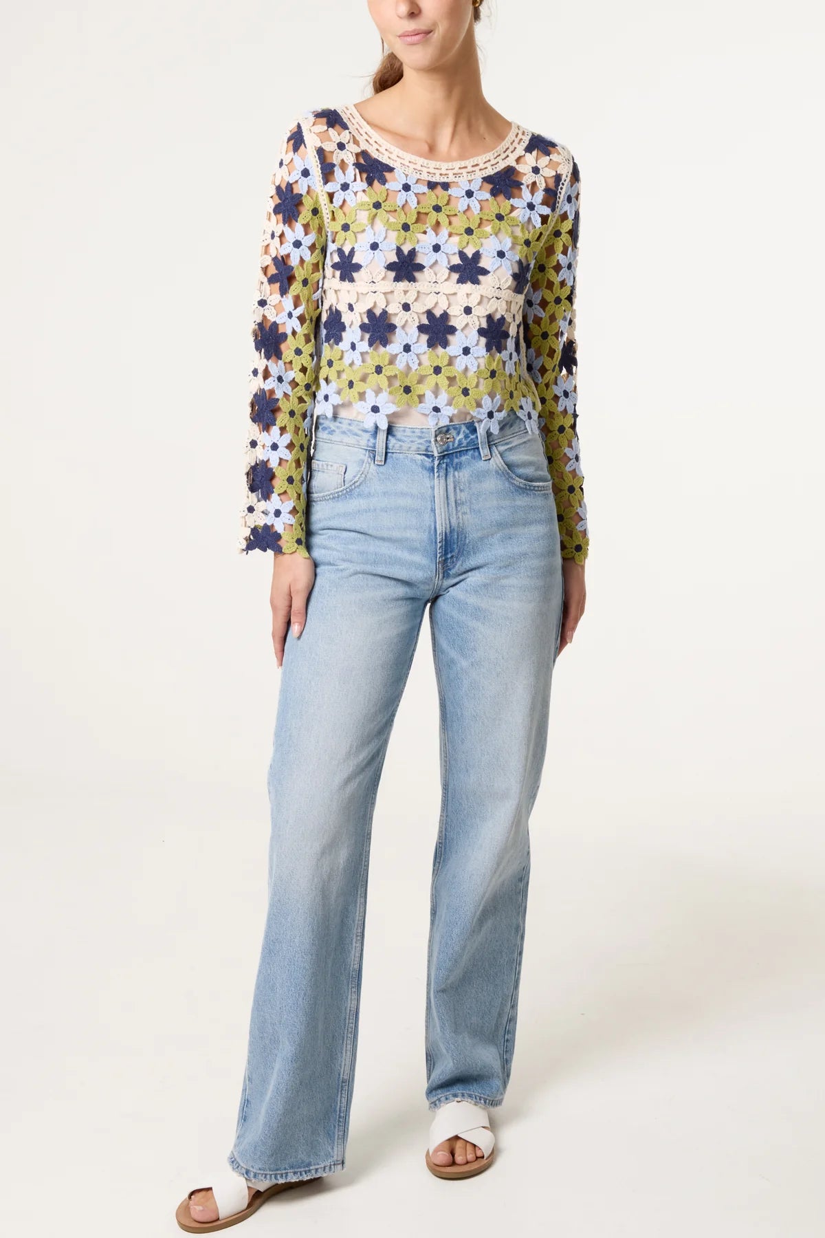Floral Crochet Cropped Jumper Blue