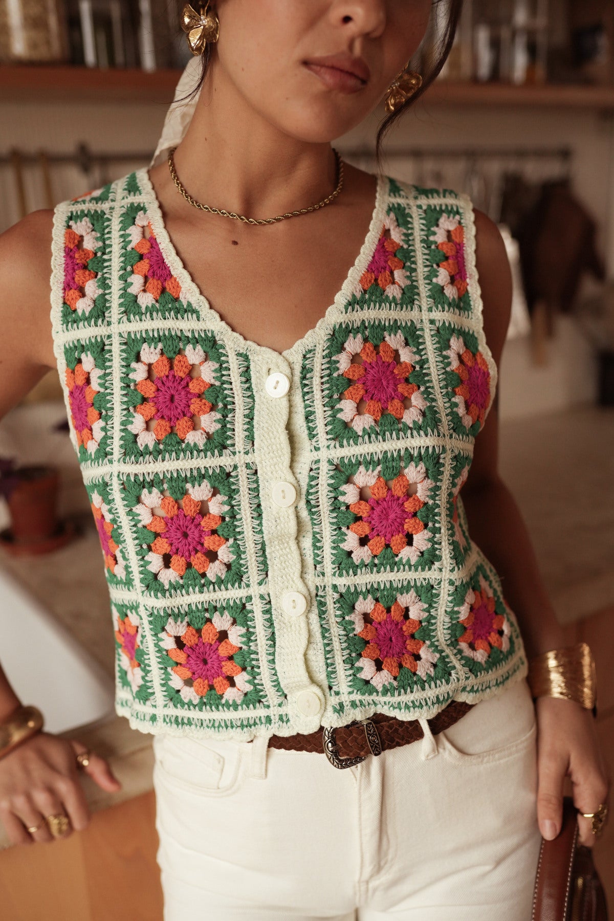 Crochet Sleeveless Top Green
