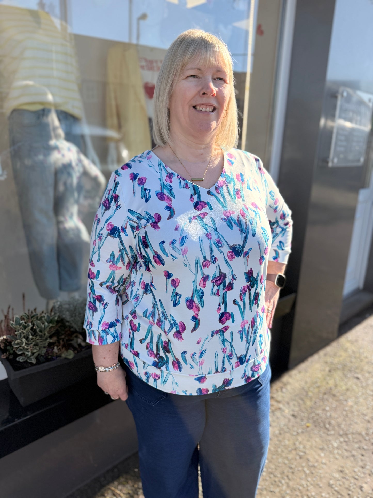 YEW 3936 V Neck White Floral top